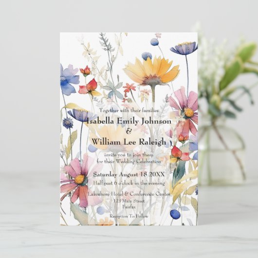 ワイルドフラワー結婚の素朴カントリーウォーター色 招待状 (スタンド正面)