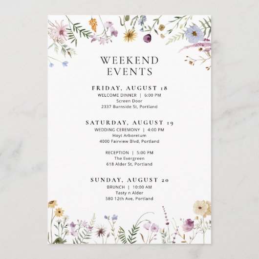 ワイルドフラワー結婚の週末のタイムラインナリーカード メニュー (裏面)