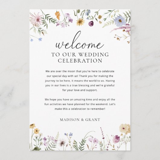 ワイルドフラワー結婚の週末のタイムラインナリーカード メニュー (正面)