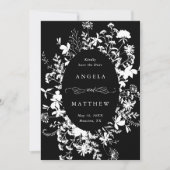 ワイルドフラワー結婚シルエットの白黒の写真 セーブザデート (正面)