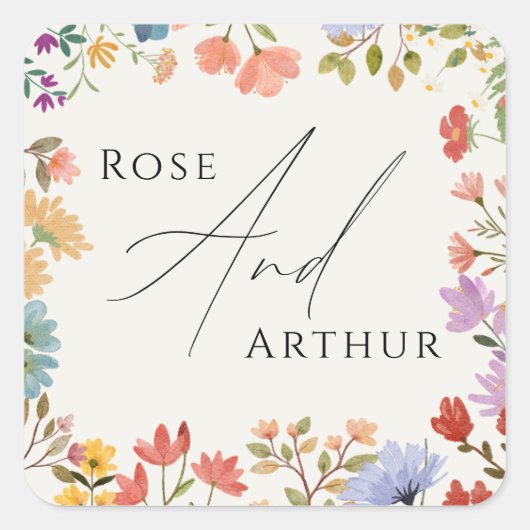 ワイルドフラワー結婚スクリプトクラシックの丸いシール スクエアシール (正面)