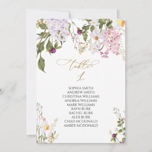 ワイルドフラワー結婚ズのテーブル番号1の座席表 招待状 (裏面)