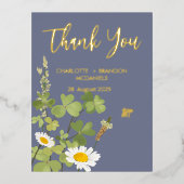 ワイルドフラワー結婚ズ・サンキュー・金ゴールド 箔招待状ポストカード (正面)