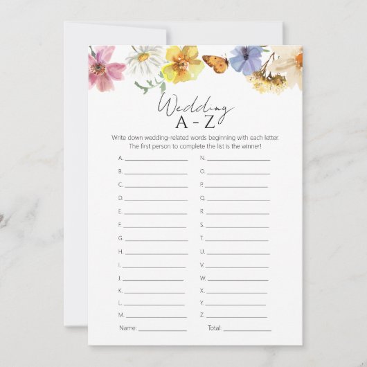 ワイルドフラワー結婚ブライダルシャワーのA-Zゲームカード 招待状 (正面)