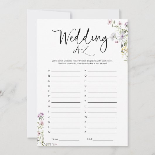 ワイルドフラワー結婚ブライダルシャワーのA-Zゲーム 招待状 (正面)
