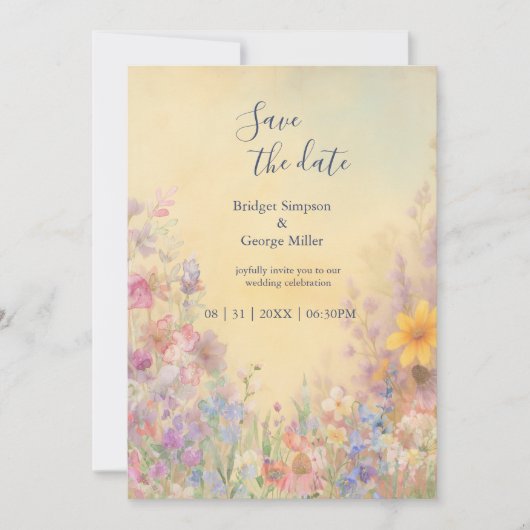 ワイルドフラワー結婚メドウバーンの日付の安全 招待状 (正面)