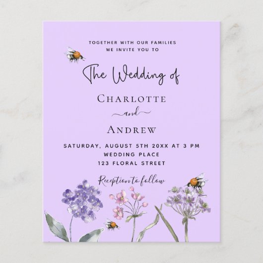 ワイルドフラワー結婚・バイオレット・ビー・バジェット招待 チラシ (正面)