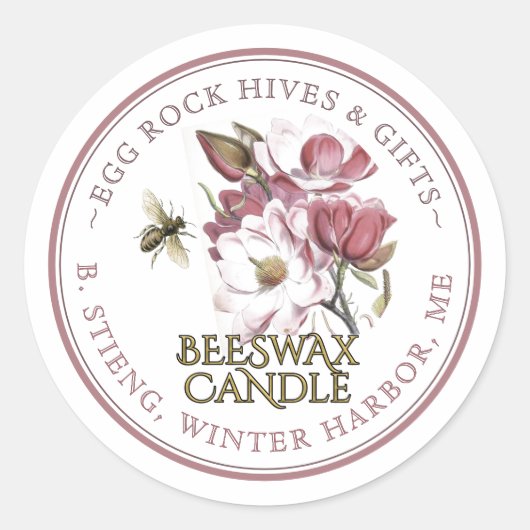 ワイルドフラワー編集可能ビーズワックスキャンドルラベルピンクビー ラウンドシール (正面)