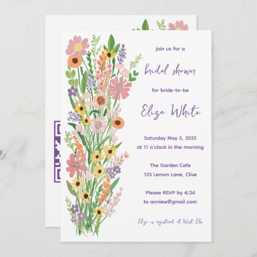 ワイルドフラワー色彩の鮮やか手カスタムQRブライダルシャワー 招待状 (正面/裏面)