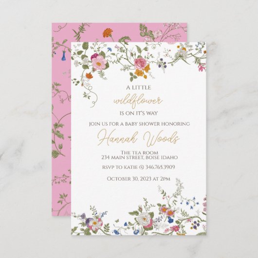 ワイルドフラワー花の赤ちゃんシャワー 招待状 (正面/裏面)