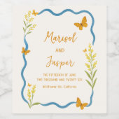 ワイルドフラワー蝶の波打つ手描きシック結婚ズ ワインラベル (シングルラベル)