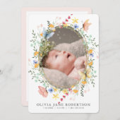 ワイルドフラワー蝶ガール写真誕生のお知らせ 招待状 (正面/裏面)