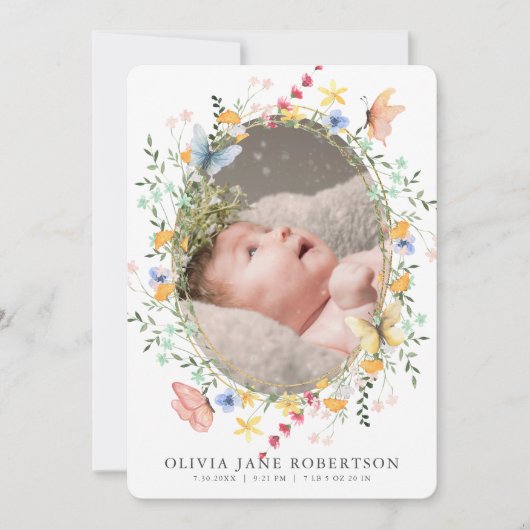 ワイルドフラワー蝶ガール写真誕生のお知らせ 招待状 (正面)