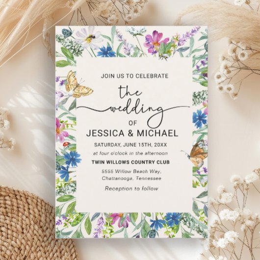 ワイルドフラワー蝶フレーム手書き 招待状