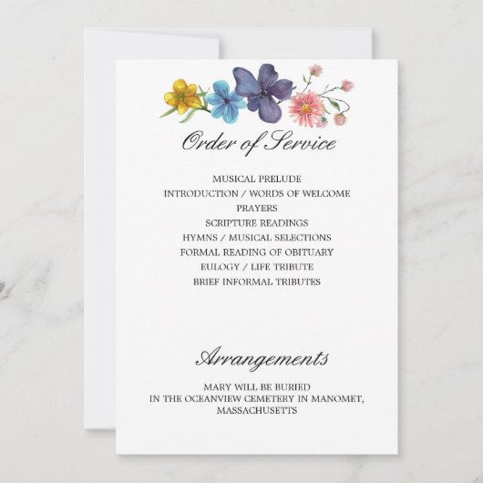 ワイルドフラワー記念プログラムの側面3と4 招待状 (正面)