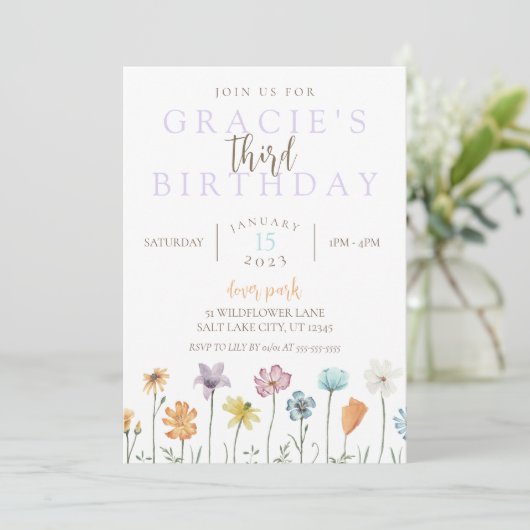 ワイルドフラワー誕生日テーマ招待状 – ボホフローラ 招待状 (スタンド正面)