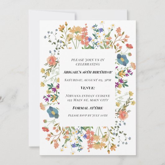 ワイルドフラワー誕生日パーティーの招待 招待状 (正面)