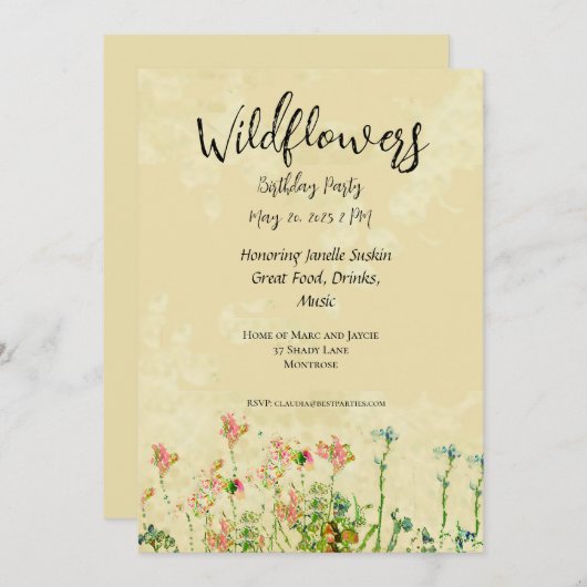 ワイルドフラワー誕生日招待状アンティーク背景 招待状 (正面/裏面)