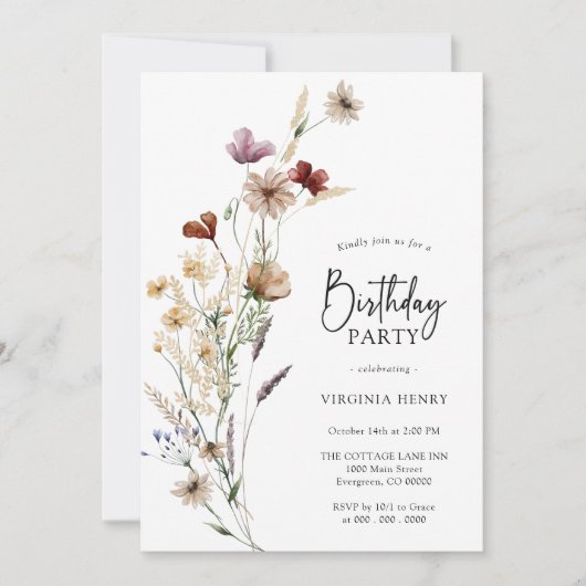 ワイルドフラワー誕生日招待状 招待状 (正面)