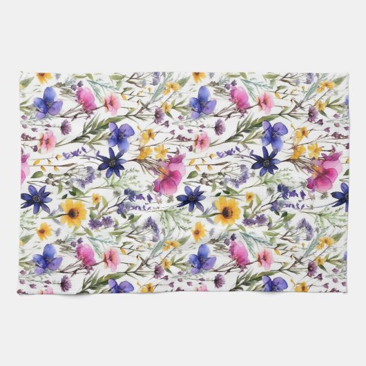 ワイルドフラワー誕生日結婚シャワーの水色 キッチンタオル (横)