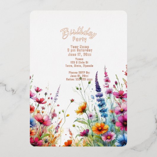 ワイルドフラワー誕生日 箔招待状 (正面)