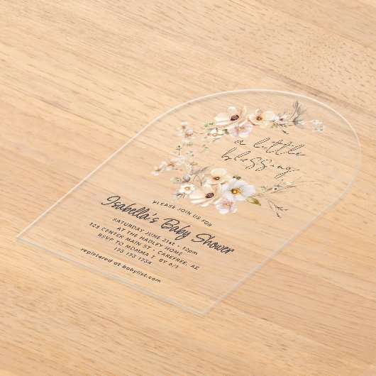 ワイルドフラワー賛美の小さな赤ちゃんシャワー アクリル招待状 (レイダウン)