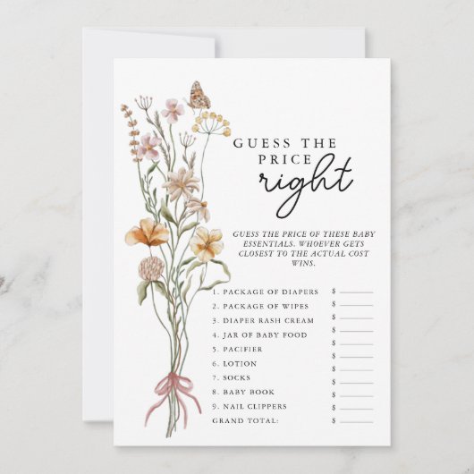 ワイルドフラワー赤ちゃんシャワーゲーム価格カードを推測 招待状 (正面)