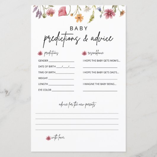 ワイルドフラワー赤ちゃんシャワー予測とアドバイスカード (正面)