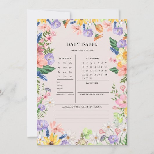 ワイルドフラワー赤ちゃんシャワー予測とアドバイスカード 招待状 (正面)