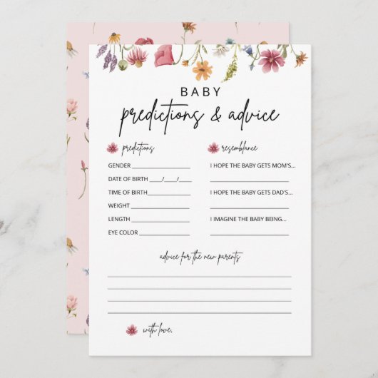 ワイルドフラワー赤ちゃんシャワー予測とアドバイスカード 招待状 (正面/裏面)