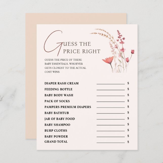 ワイルドフラワー赤ちゃんシャワー価格の右ゲームを推測 (正面/裏面)