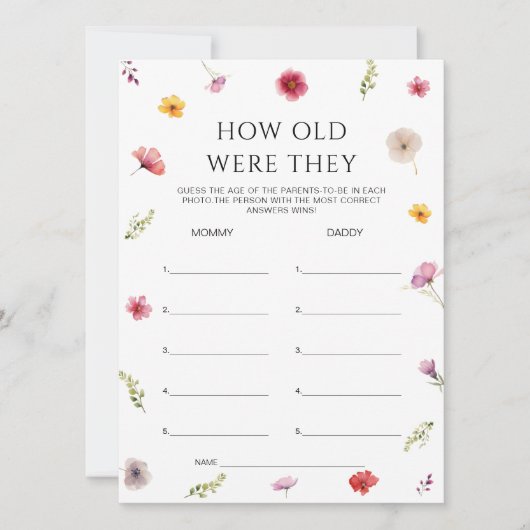 ワイルドフラワー赤ちゃんシャワー推定年齢ゲームカード 招待状 (正面)