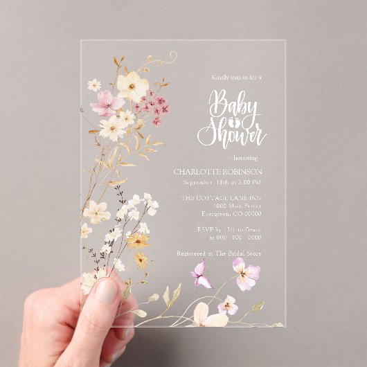 ワイルドフラワー赤ちゃんシャワー アクリル招待状 (インサイチュ (ポータブル))