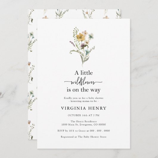 ワイルドフラワー赤ちゃんシャワー 招待状 (正面/裏面)