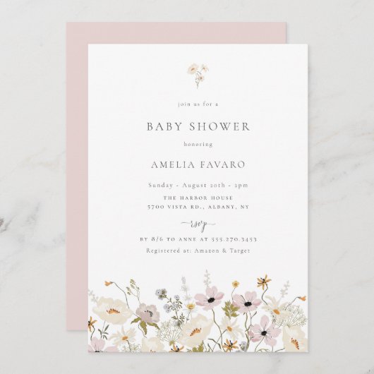 ワイルドフラワー赤ちゃんシャワー 招待状 (正面/裏面)