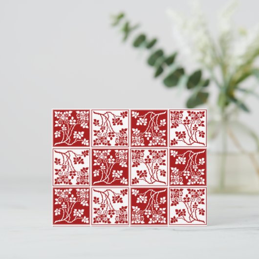 ワイルドフラワー赤白タイルかわいらしフローラ市松模様に ポストカード (スタンド正面)