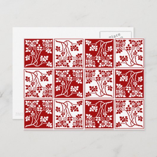 ワイルドフラワー赤白タイルかわいらしフローラ市松模様に ポストカード (正面/裏面)