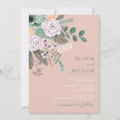 ワイルドフラワー赤面ピンクのユーカリ結婚の緑 招待状 (正面)