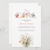 ワイルドフラワー赤面ピンク女の子ベビーシャワー 招待状 (正面/裏面)