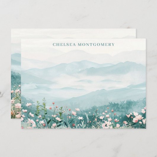 ワイルドフラワー赤面ピンク水色パーソナライズされた ノートカード (正面/裏面)