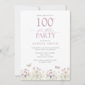 ワイルドフラワー赤面ピンク100thバースデーパーティーガーデン 招待状 (正面)