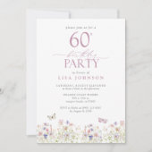 ワイルドフラワー赤面ピンク60thバースデーパーティーエレガント 招待状 (正面)