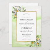 ワイルドフラワー金ゴールドとグリーン結婚式招待状 招待状 (正面/裏面)