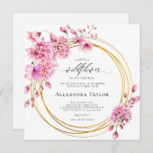 ワイルドフラワー金ゴールドサークルピンクボホベイビーガールシャワー 招待状 (正面/裏面)