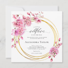 ワイルドフラワー金ゴールドサークルピンクボホベイビーガールシャワー 招待状