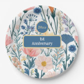 ワイルドフラワー開花の葉パステルブルーピンクメドウ ペーパープレート (正面)