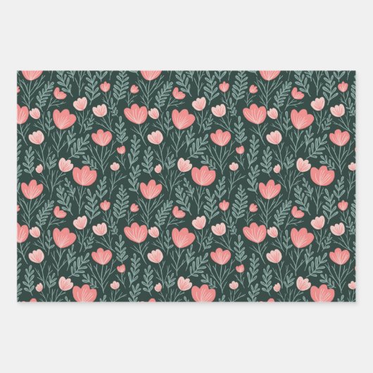 ワイルドフラワー開花シンプルピンクグリーンスウィートシック ラッピングペーパーシート (正面2)