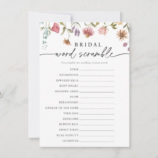 ワイルドフラワー開花ブライダル単語スクランブルゲームカード 招待状 (正面)