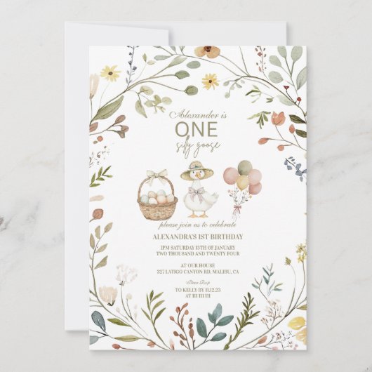 ワイルドフラワー間抜けグース1歳の誕生日 招待状 (正面)
