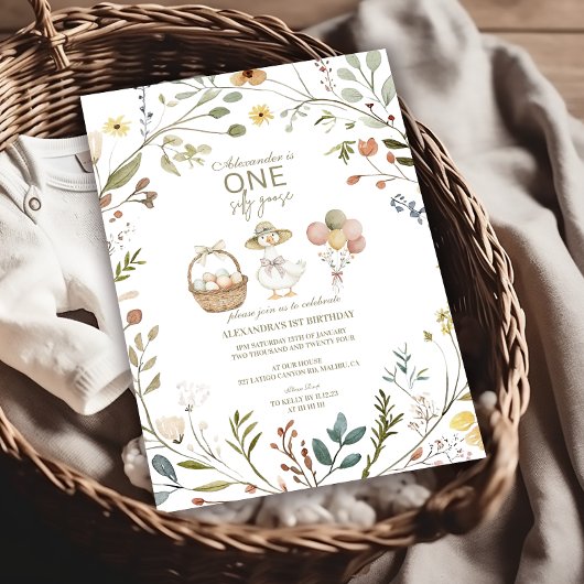 ワイルドフラワー間抜けグース1歳の誕生日 招待状
